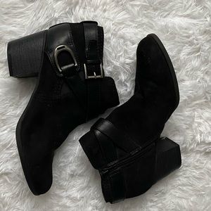 Black Block Heel Ankle Boots with Buckle & Side Zip Size 8